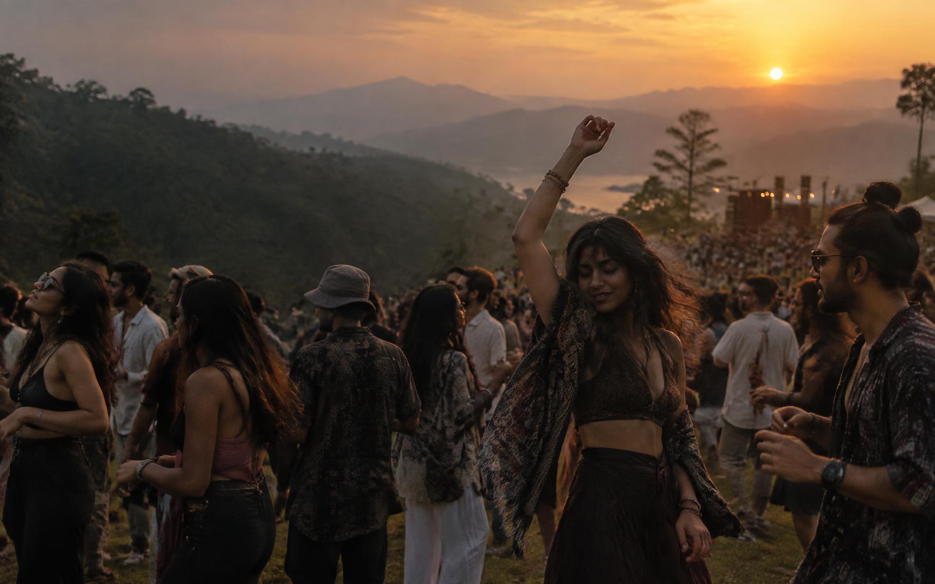 People dancing together outdoors at sunset